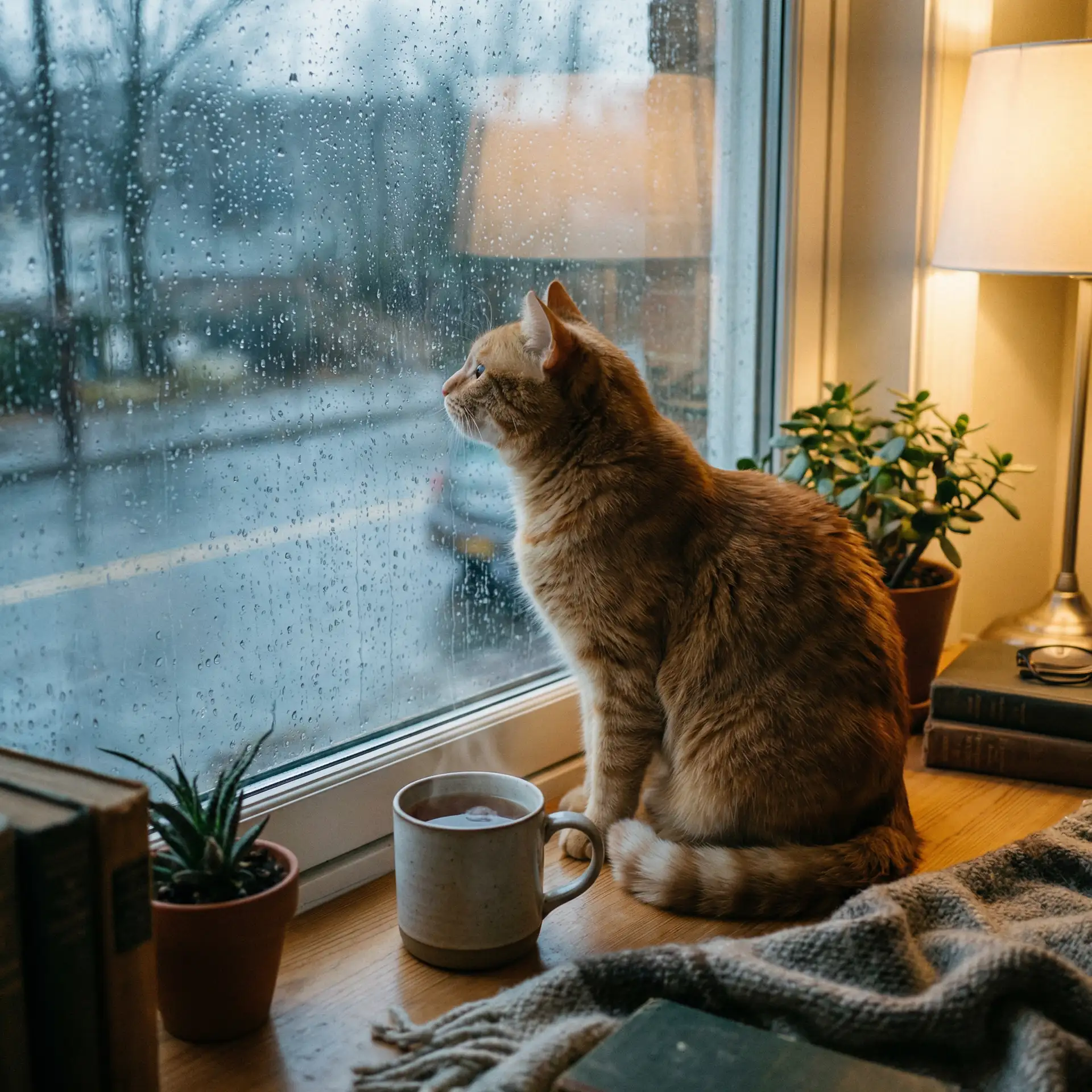 猫咪望着窗外的雨 - 忘忧草影视